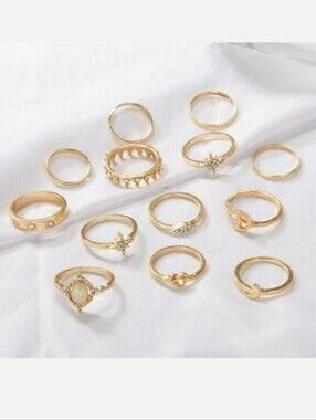 Women's gold opal stack ring set 13 piece set gold boho midi knuckle rings NWT